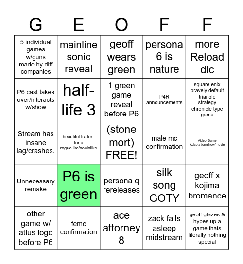 TGA P6 BINGO Card