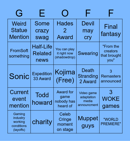 Game Awards 2025 Bingo Card