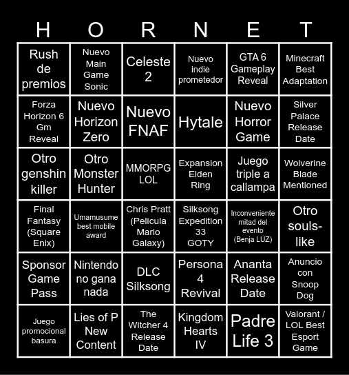 Bingo de los Game Awards Bingo Card
