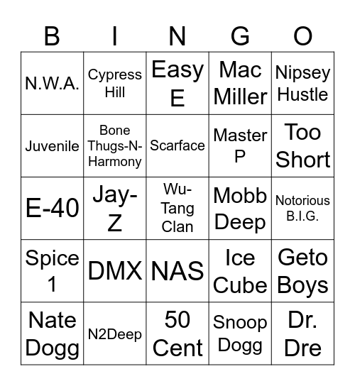 Gansta Rap Bingo Card