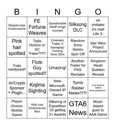 Game Awards Bingo Card Bingo Card