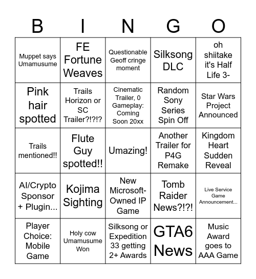 Game Awards Bingo Card Bingo Card