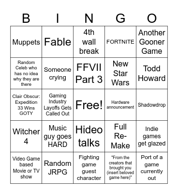 The Game Awards 2025 Bingo Card