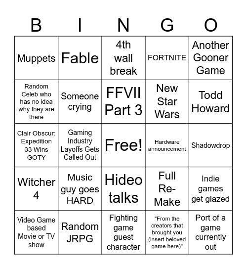 The Game Awards 2025 Bingo Card