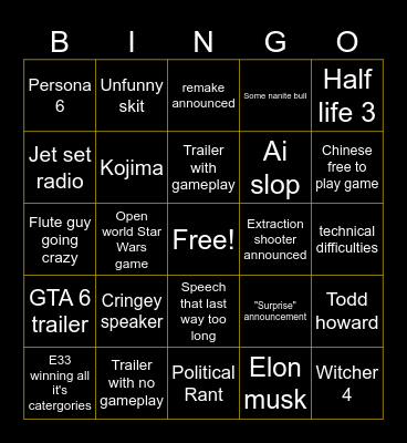 Game awards 2025 Bingo Card