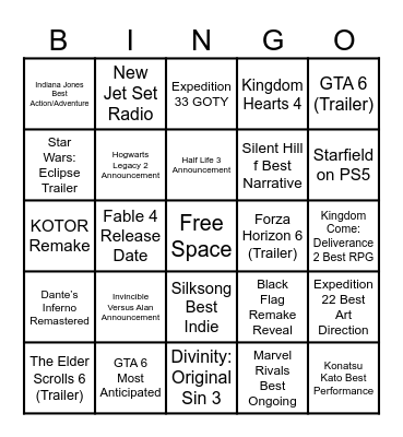 TGA 2025 Predictions Bingo Card
