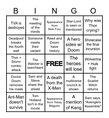 Avengers: Doomsday Bingo Card