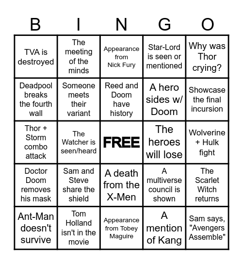 Avengers: Doomsday Bingo Card