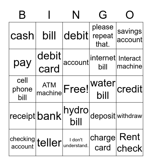 Bank Words Bingo Card