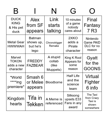 Game Awards Bingo Card