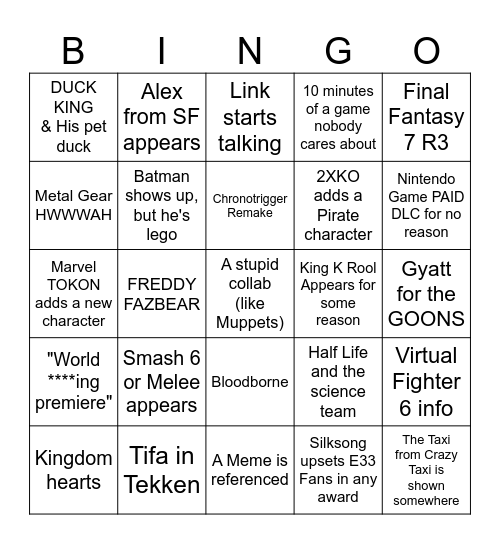 Game Awards Bingo Card