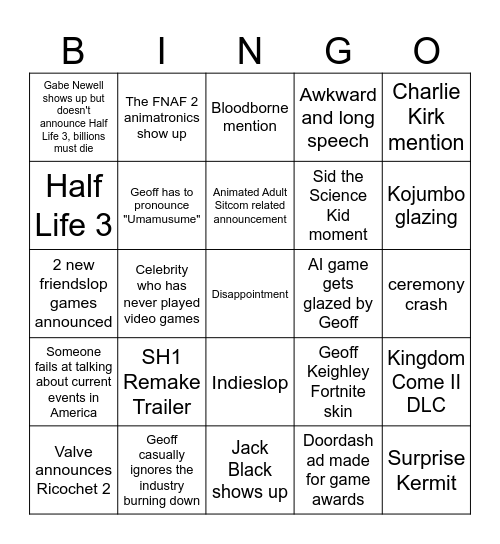 Game Awards Bingo Card
