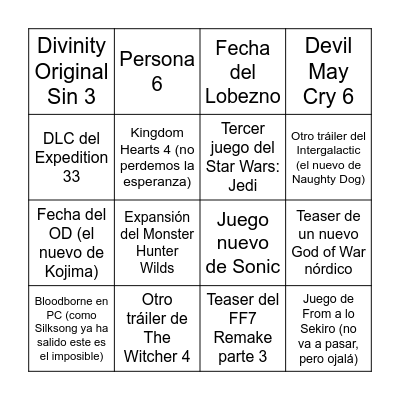 Game Awards 2025 Bingo Card