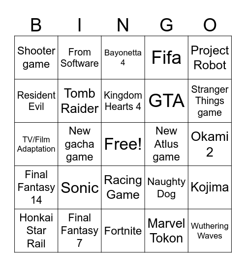 Game Awards Bingo Card