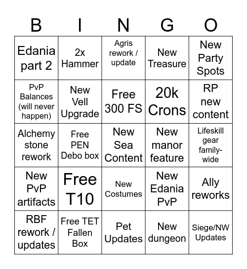 BDO Bingo Card