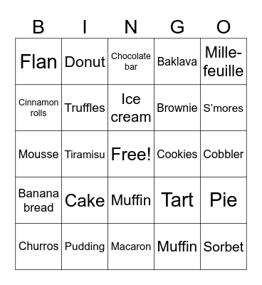 Dessert Bingo Card