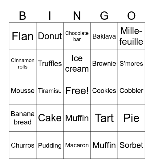 Dessert Bingo Card