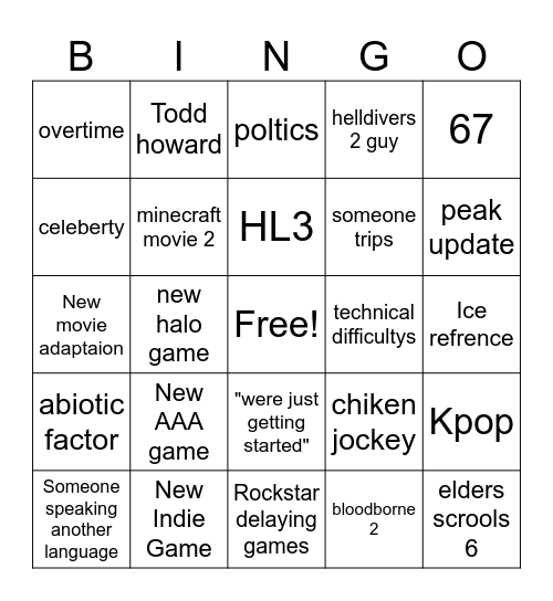 Game Awards Bingo Card