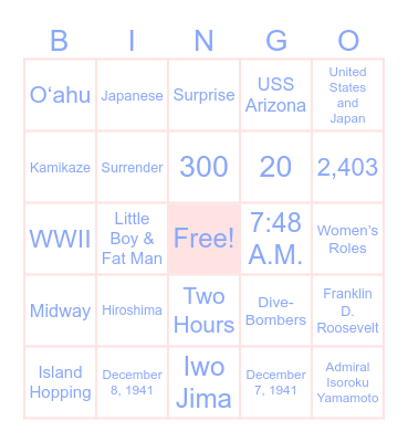 Pearl Harbor Bingo Card