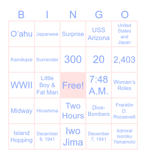 Pearl Harbor Bingo Card
