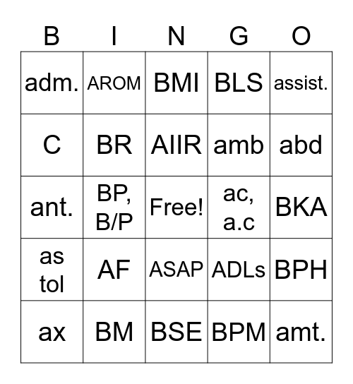 Abbrevation Page 1 Bingo Card