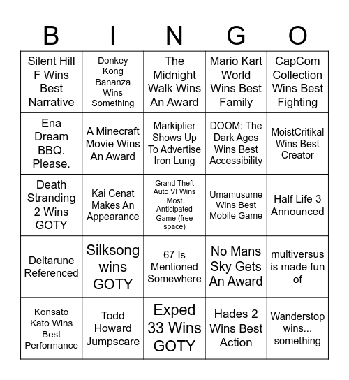 game awards bingor Bingo Card