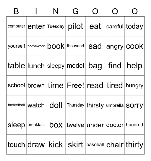 Lesson 1-12 Review Bingo Card