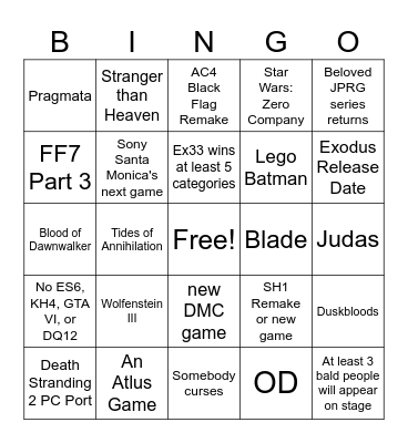 2025 Game Awards Bingo Card