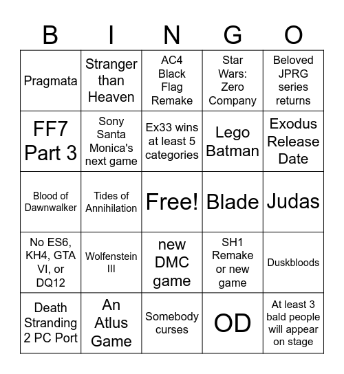 2025 Game Awards Bingo Card