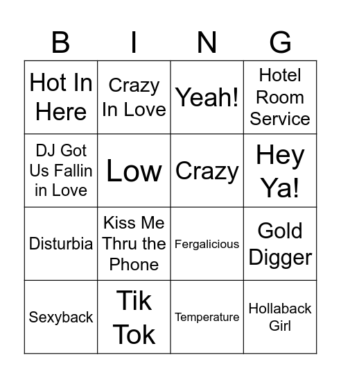 Throwback songs Bingo Card