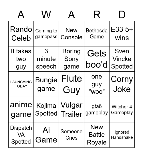 Game Awards Bingo Card