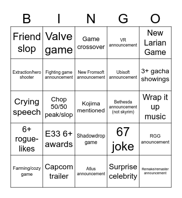 Game Awards Bingo Card