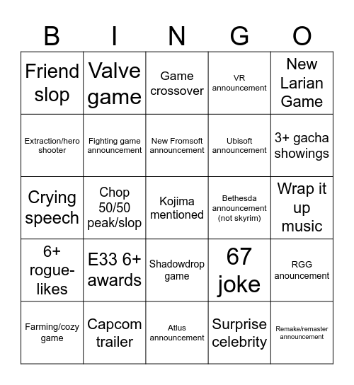 Game Awards Bingo Card