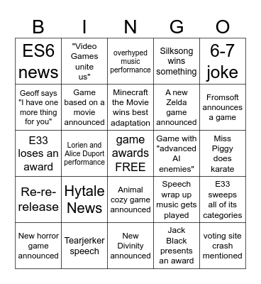 The Game Awards 2025 Bingo Card