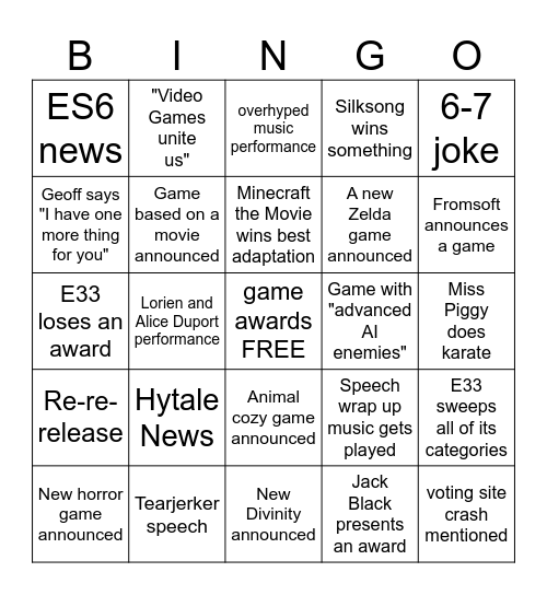The Game Awards 2025 Bingo Card