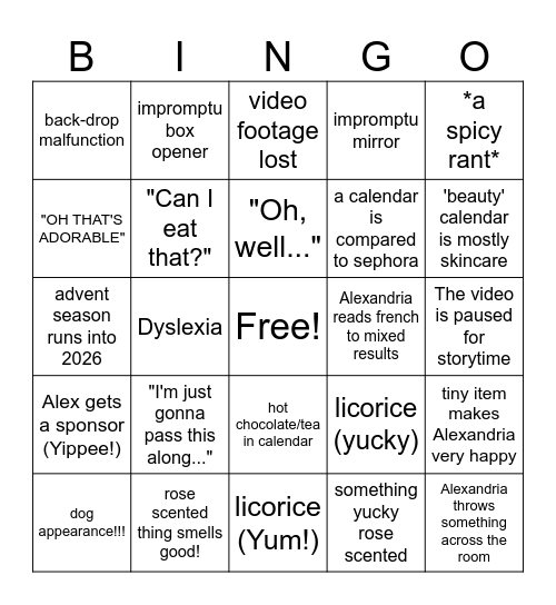 Alexandria Ryan advent 2025 Bingo Card