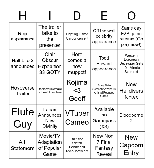 2025 Game Awards Bingo Card