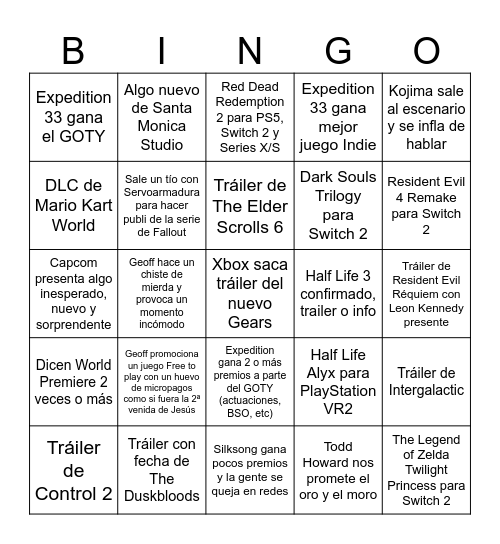 The Game Awards 2025 Bingo Card
