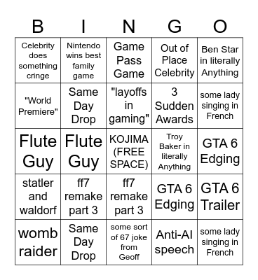 Game Awards Bingo 2025 Bingo Card