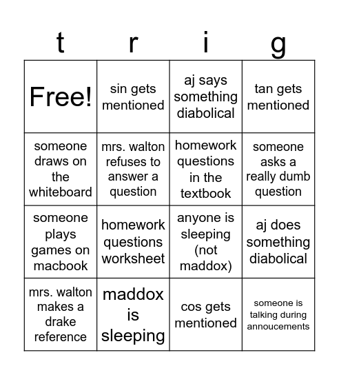 Pre Calc Bingo Card