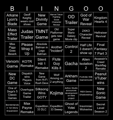 Game Awards 2025 Predictions Bingo Card
