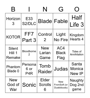 Game Awards Predictions Bingo Card