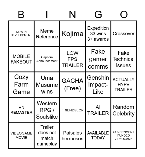 Game Award Bingo Card