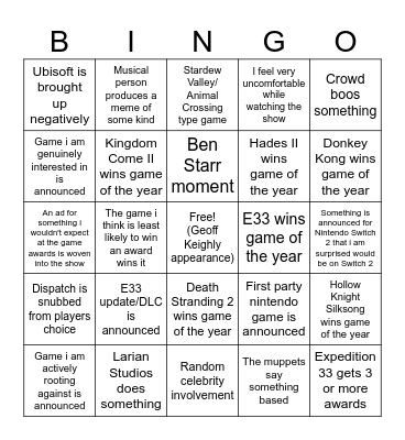 The Game Awards Bingo Card