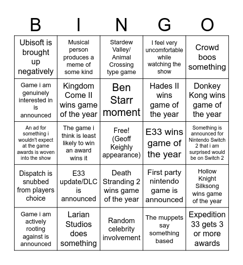The Game Awards Bingo Card