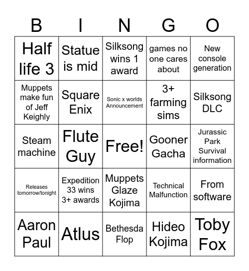 Game Awards Bingo Card