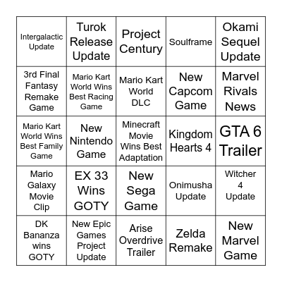 The Game Awards 2025 Bingo Card