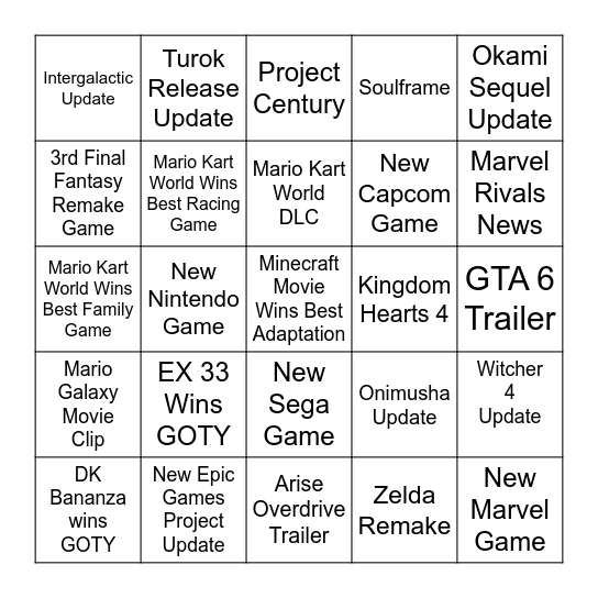 The Game Awards 2025 Bingo Card