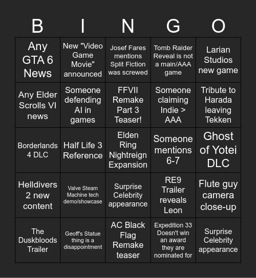 The Game Awards 2025 Bingo Card