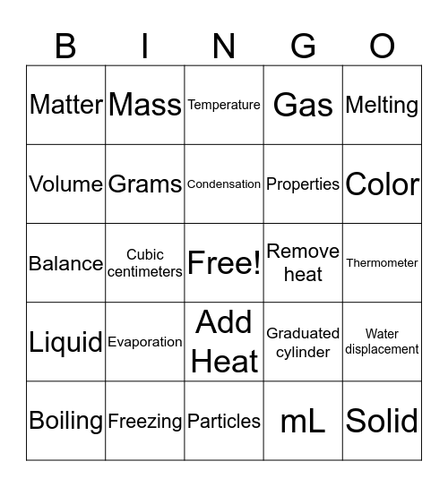 Matter Quiz Review Bingo Card